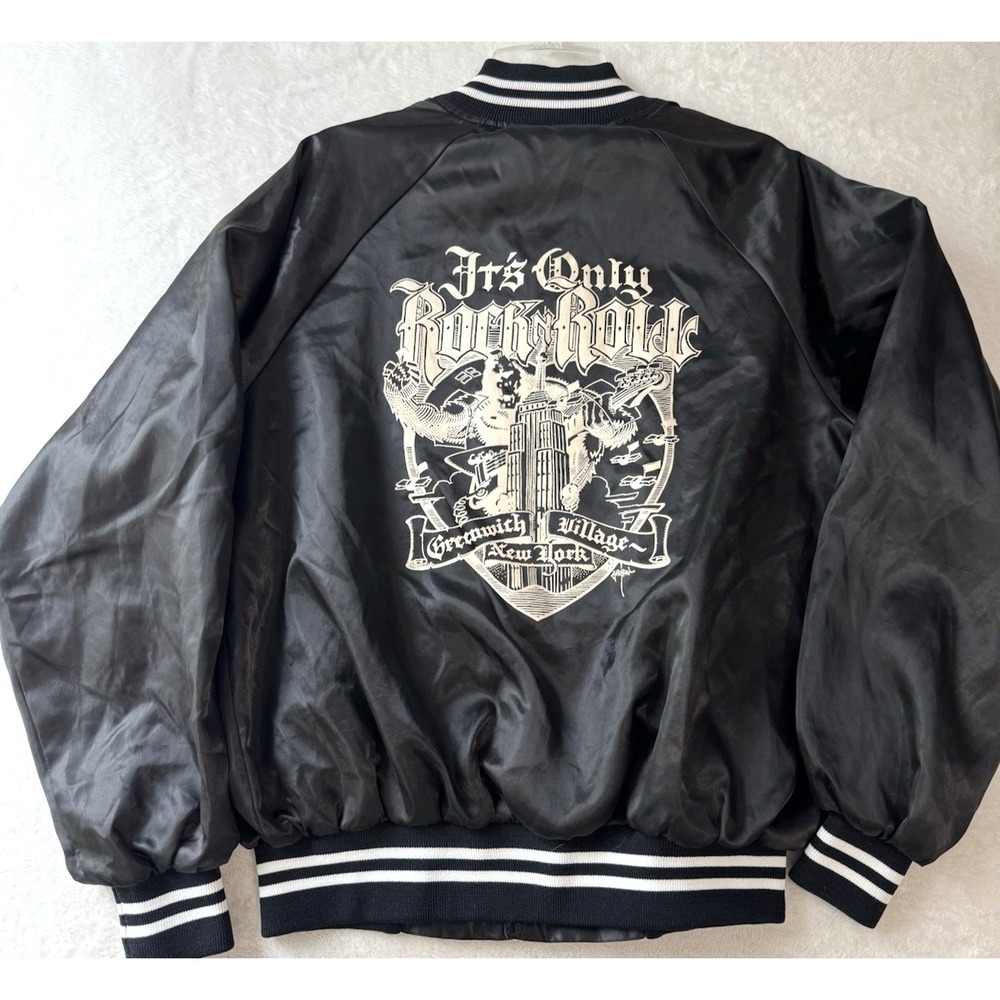 VTG Satin coaches Bomber jacket Black LG Grenwich Village Its Only Rock n Roll